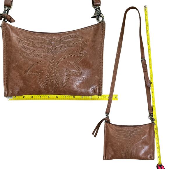 Frye Cognac Leather Crossbody Bag — Embroidered Front, Adjustable Strap - Picture 4 of 5